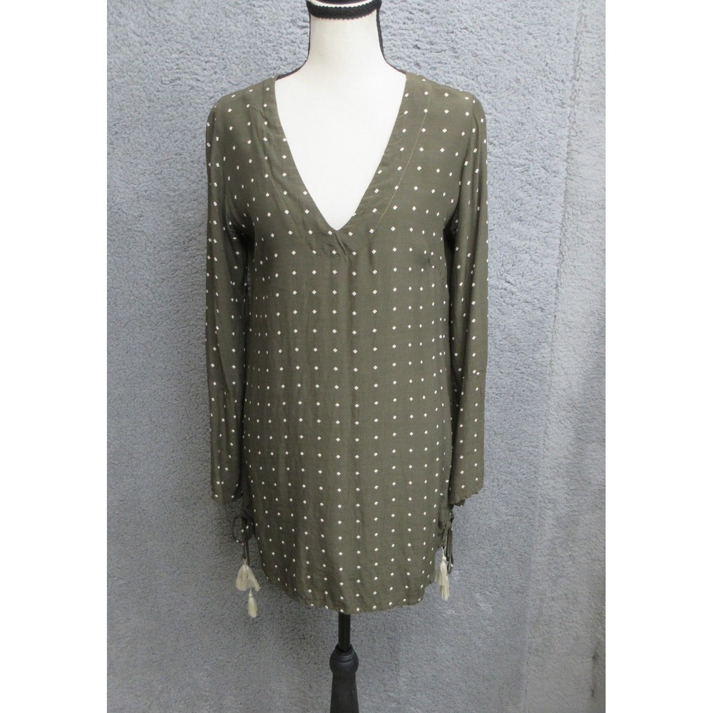 Faithfull The Brand Boho Tunic Top Women 4 Olive Green Polka Dot Tassel Tie Hem